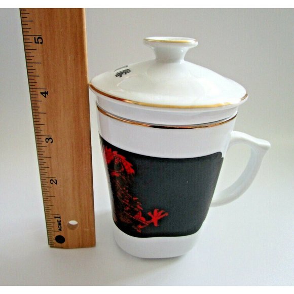 Vintage Korean Asian Red Dragon Design Black White Tea Cup With Lid And Infuser - Picture 9 of 10